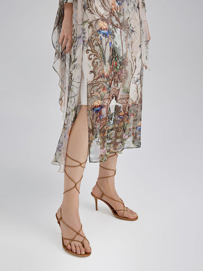Silk Court Print Pleated Maxi Dress