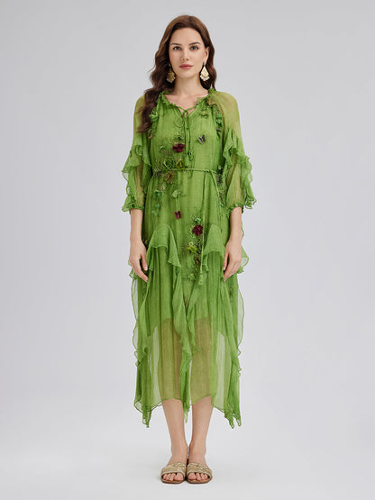 Silk Hand-Dyed 3D Floral Maxi Dress
