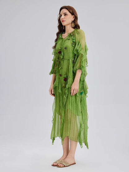 Silk Hand-Dyed 3D Floral Maxi Dress