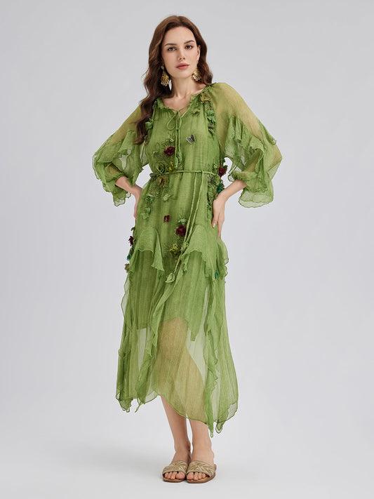 Silk Hand-Dyed 3D Floral Maxi Dress