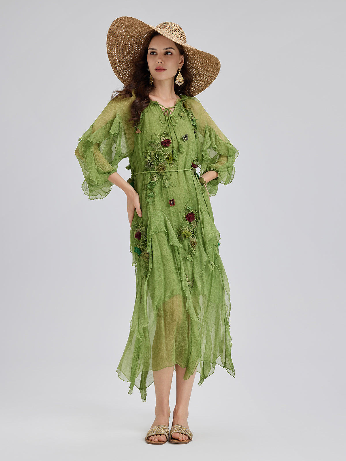 Silk Hand-Dyed 3D Floral Maxi Dress