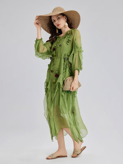 Silk Hand-Dyed 3D Floral Maxi Dress