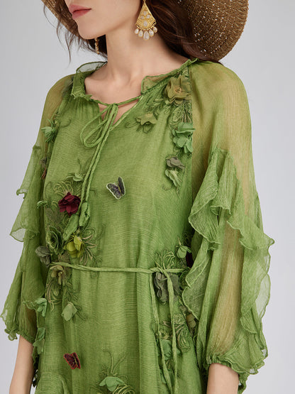 Silk Hand-Dyed 3D Floral Maxi Dress