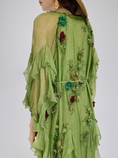 Silk Hand-Dyed 3D Floral Maxi Dress