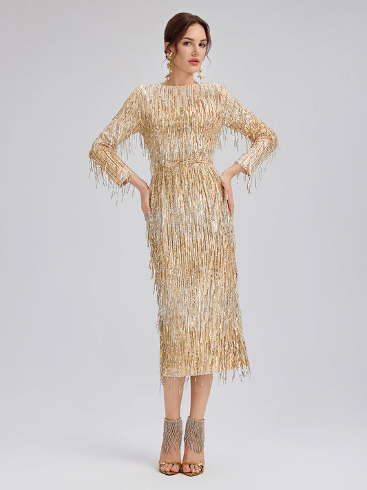 Gradient Sequin Fringe Long-Sleeve Dress