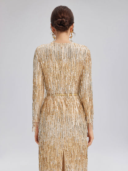 Gradient Sequin Fringe Long-Sleeve Dress