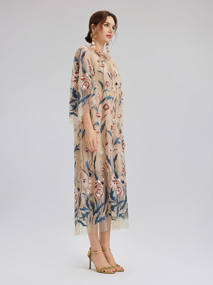 Colorful Embroidered Sequin Long-Sleeve Dress
