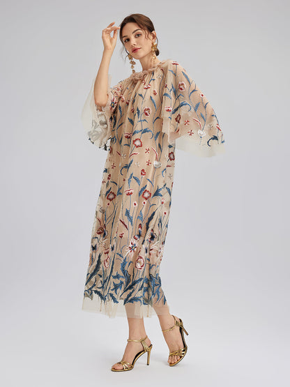 Colorful Embroidered Sequin Long-Sleeve Dress