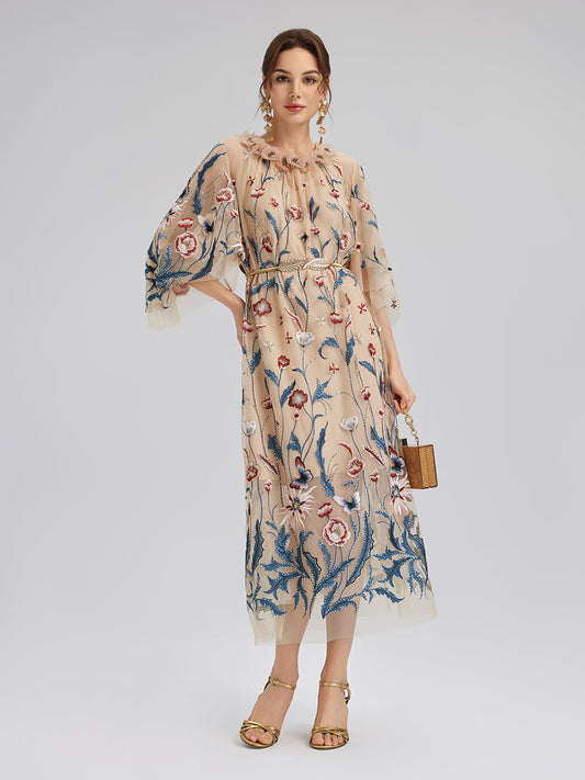 Colorful Embroidered Sequin Long-Sleeve Dress