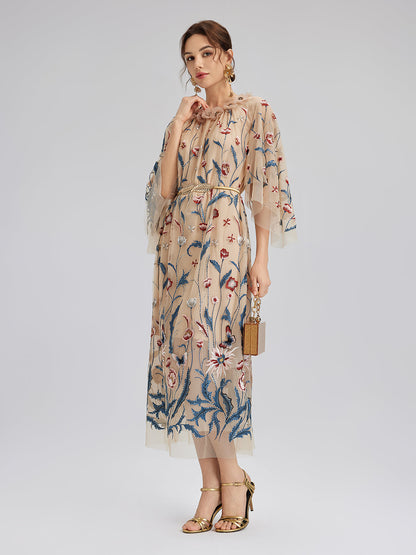 Colorful Embroidered Sequin Long-Sleeve Dress