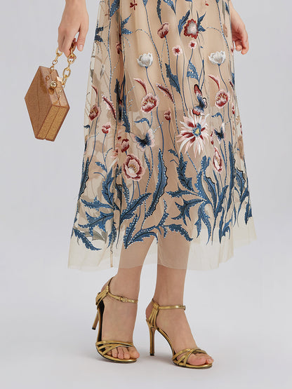 Colorful Embroidered Sequin Long-Sleeve Dress