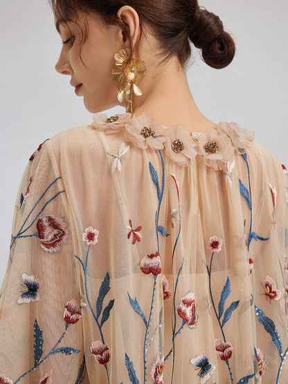 Colorful Embroidered Sequin Long-Sleeve Dress
