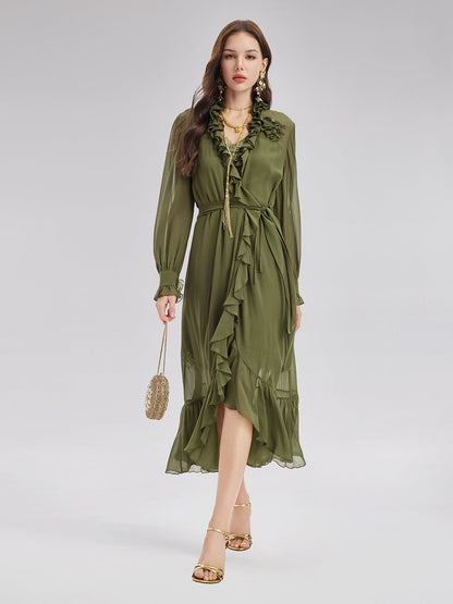 Silk Ruffle Hem Maxi Dress with Lace Cami