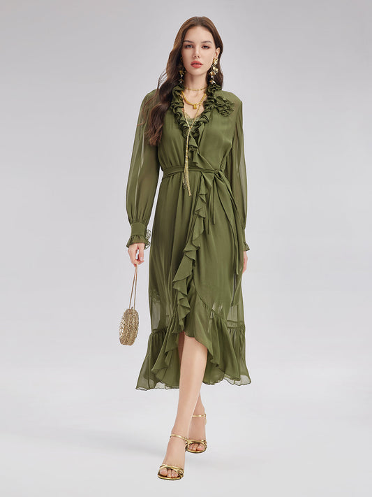 Silk Ruffle Hem Maxi Dress with Lace Cami