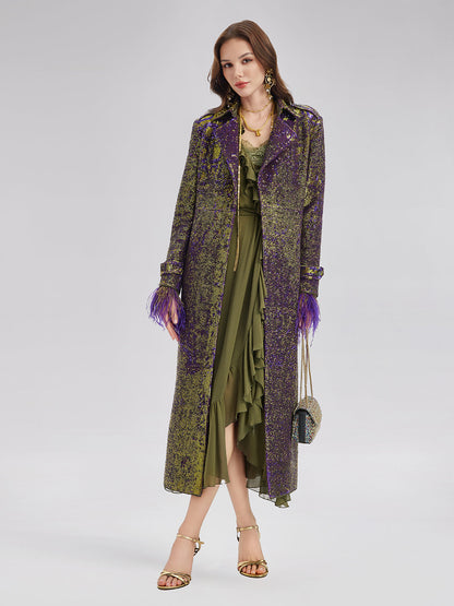 Two-Tone Sequin Ostrich Feather Trench Coat