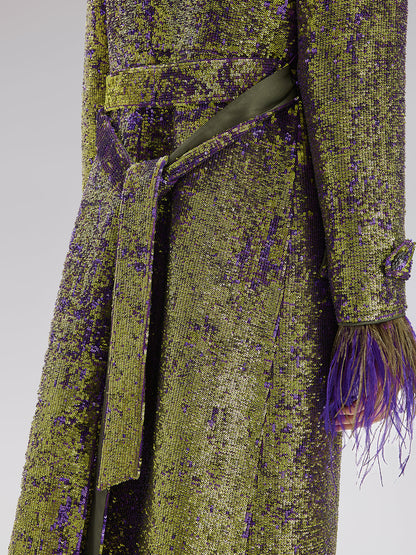 Two-Tone Sequin Ostrich Feather Trench Coat