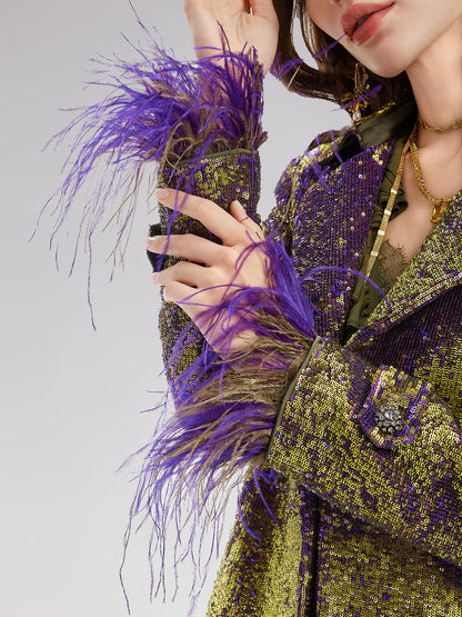 Two-Tone Sequin Ostrich Feather Trench Coat
