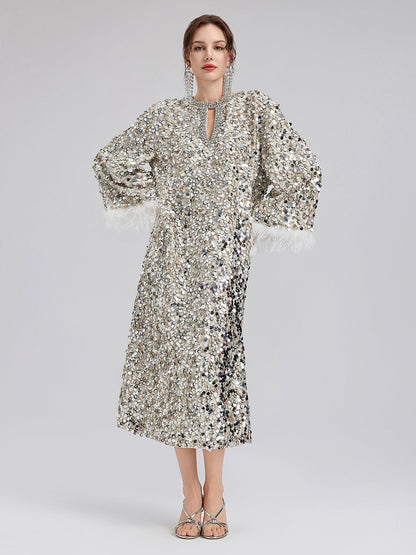 Dazzling Sequined Feather Cuff Dress