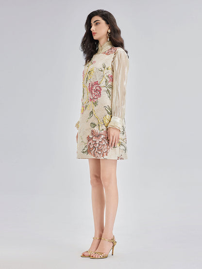 Hand-Beaded 3D Floral Jacquard Tank Dress
