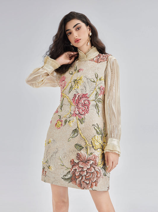 Hand-Beaded 3D Floral Jacquard Tank Dress