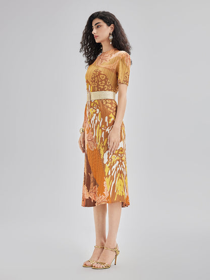 Artistic Floral Print Pleated Dress