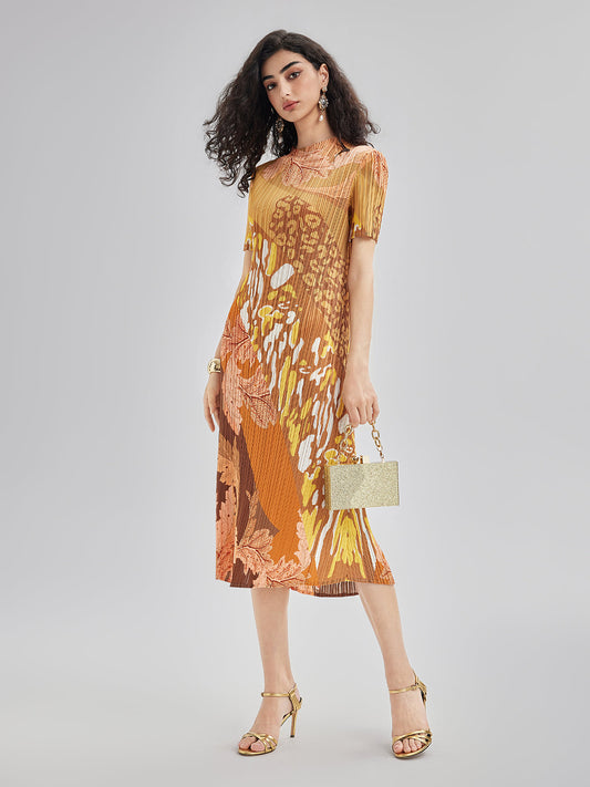 Artistic Floral Print Pleated Dress