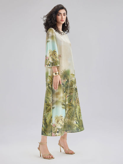 Tropical Plant Knit Long-Sleeve Dress