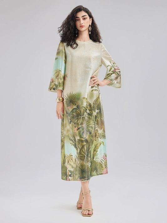 Tropical Plant Knit Long-Sleeve Dress