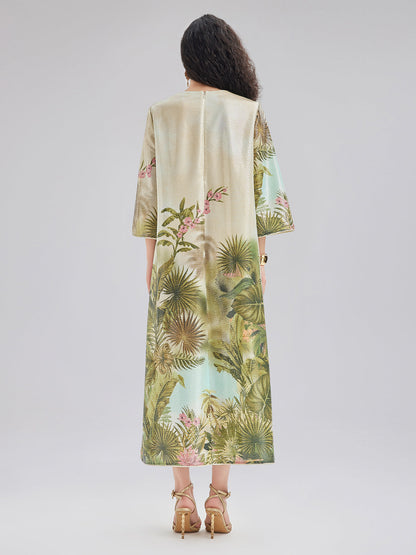 Tropical Plant Knit Long-Sleeve Dress